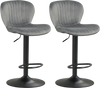 Set of 2 adjustable counter height chairs with gray velvet upholstery and 360° swivel design for home bars or dining.