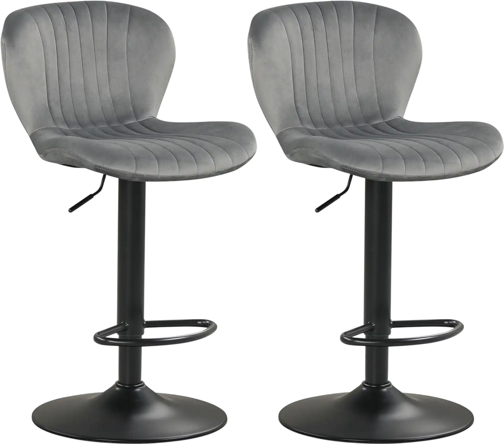 Set of 2 adjustable counter height chairs with gray velvet upholstery and 360° swivel design for home bars or dining.