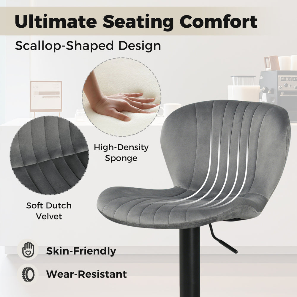 Adjustable counter height chair with gray velvet upholstery, high-density sponge, and ergonomic design for home bars.