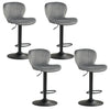 Set of 4 adjustable counter height chairs with gray velvet upholstery and round metal bases for home bars and dining.