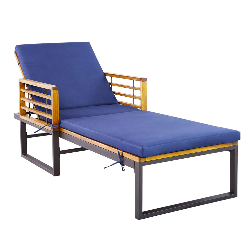 Adjustable cushioned patio chaise lounge chair in navy with sturdy acacia wood and metal frame, perfect for outdoor.