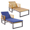 Adjustable cushioned patio chaise lounge chair with navy cushion, featuring a sturdy acacia wood frame for outdoor.