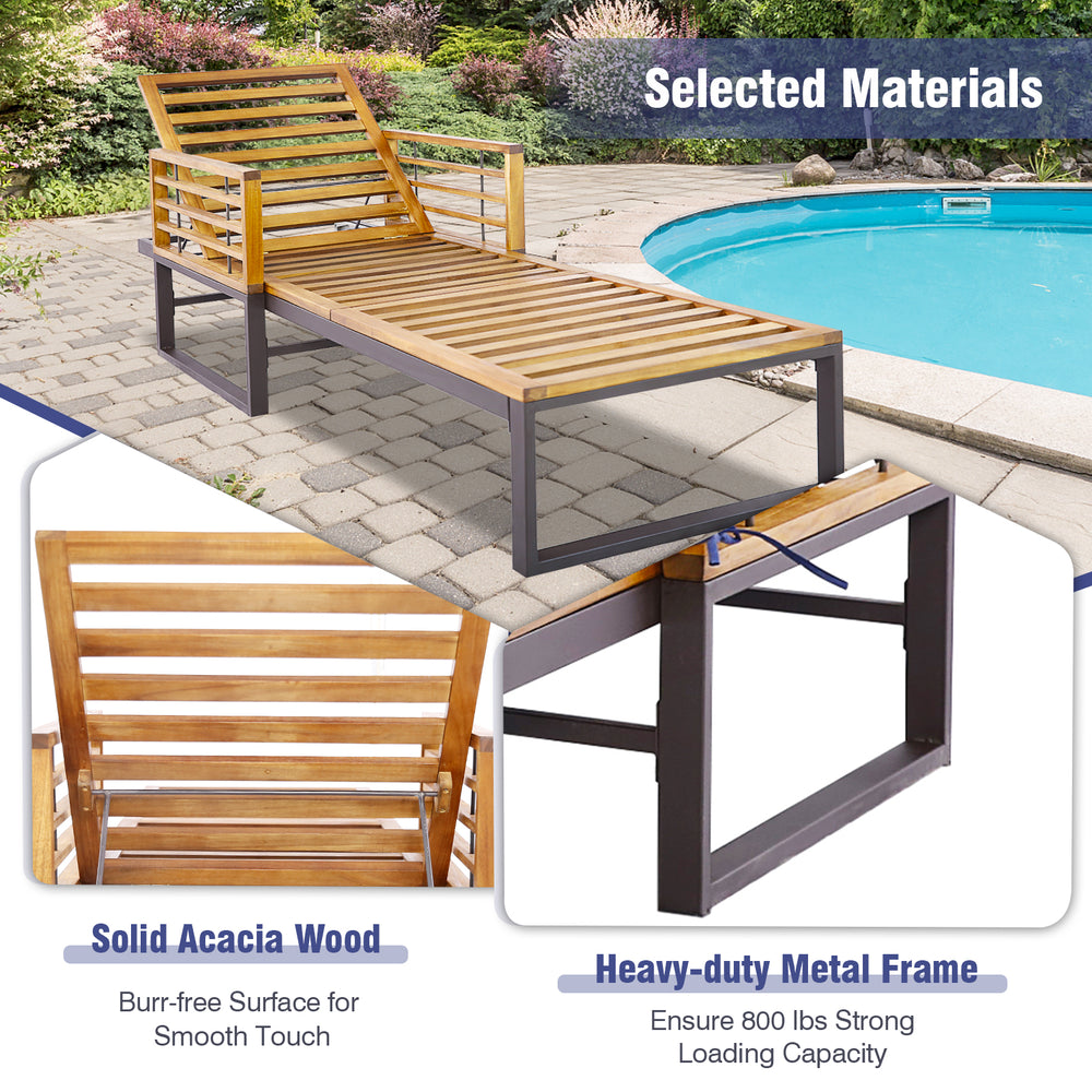 Adjustable cushioned patio chaise lounge chair in navy with solid acacia wood and heavy-duty metal frame for poolside.