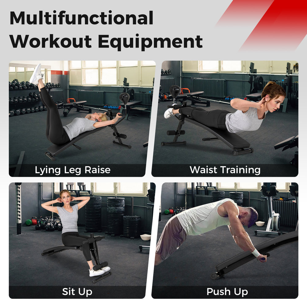 Adjustable decline sit-up bench with padded cushion, suitable for various exercises like leg raises and push-ups.