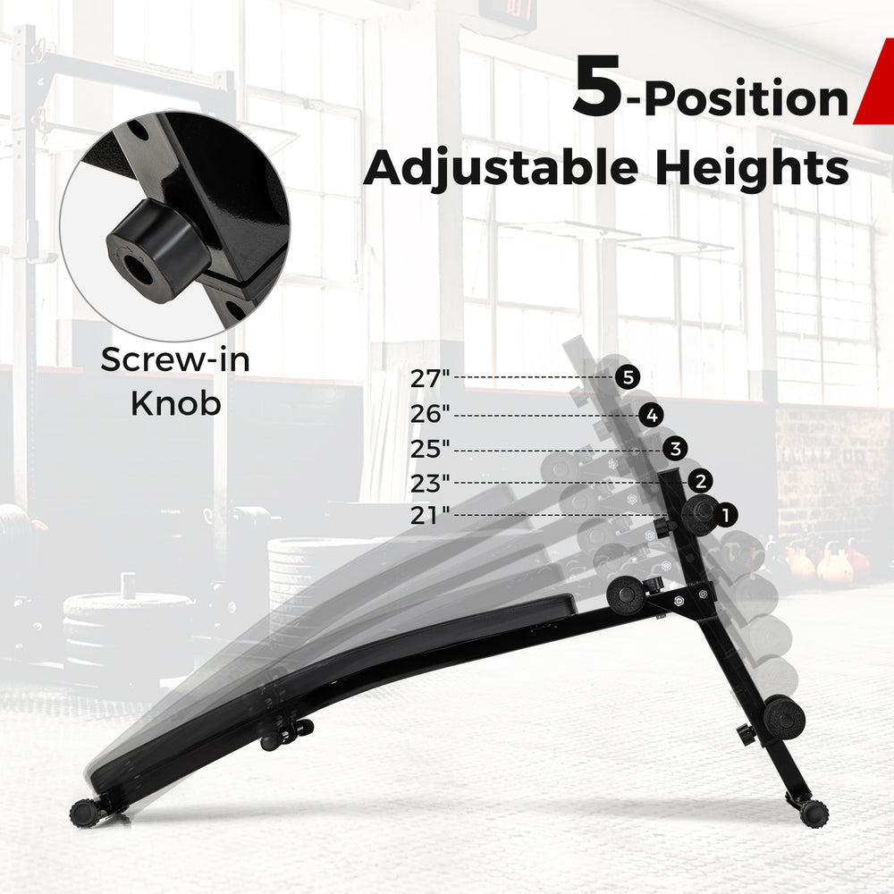 Adjustable decline sit-up bench showing 5 height positions with a screw-in knob for secure height fixation.