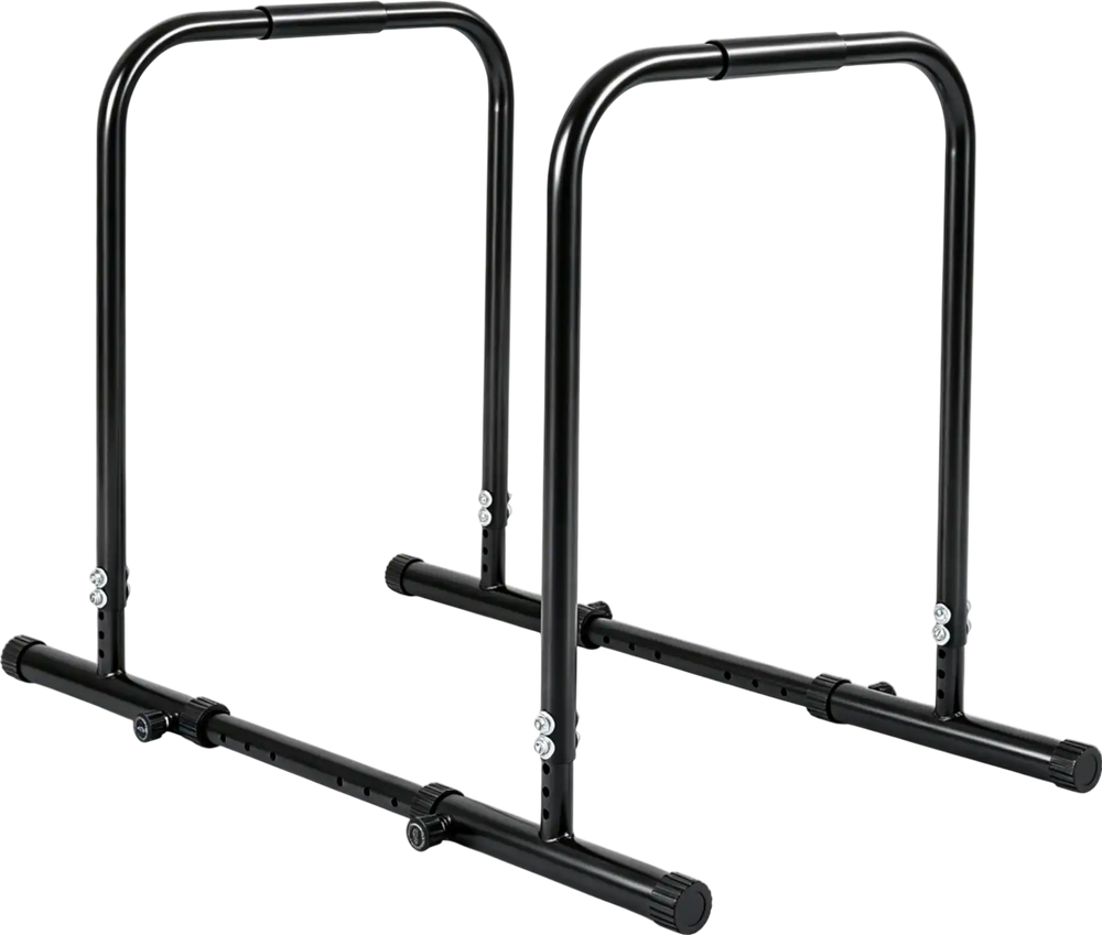 Adjustable dip bar station in black with foam-padded handles, ideal for dips and push-ups, supports 660 lbs capacity.
