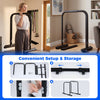 Adjustable dip bar station in black with foam-padded handles, designed for home gym workouts and compact storage.