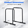 Adjustable dip bar station dimensions showing 660 lbs capacity, with height and width settings for versatile workouts.