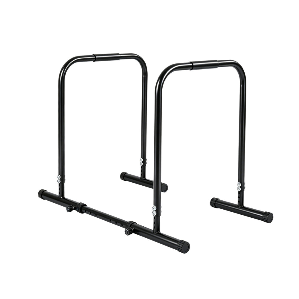 Adjustable dip bar station in black with 660 lbs capacity, featuring foam-padded handles for strength training and.