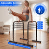 Adjustable dip bar station in black with 5 customizable width settings, ideal for various workout positions and.