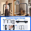 Adjustable dip bar station in black with foam-padded handles, 660 lbs capacity, ideal for calisthenics and strength.