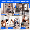 Adjustable dip bar station in use for various exercises like push-ups and leg raises, featuring a sturdy black metal.