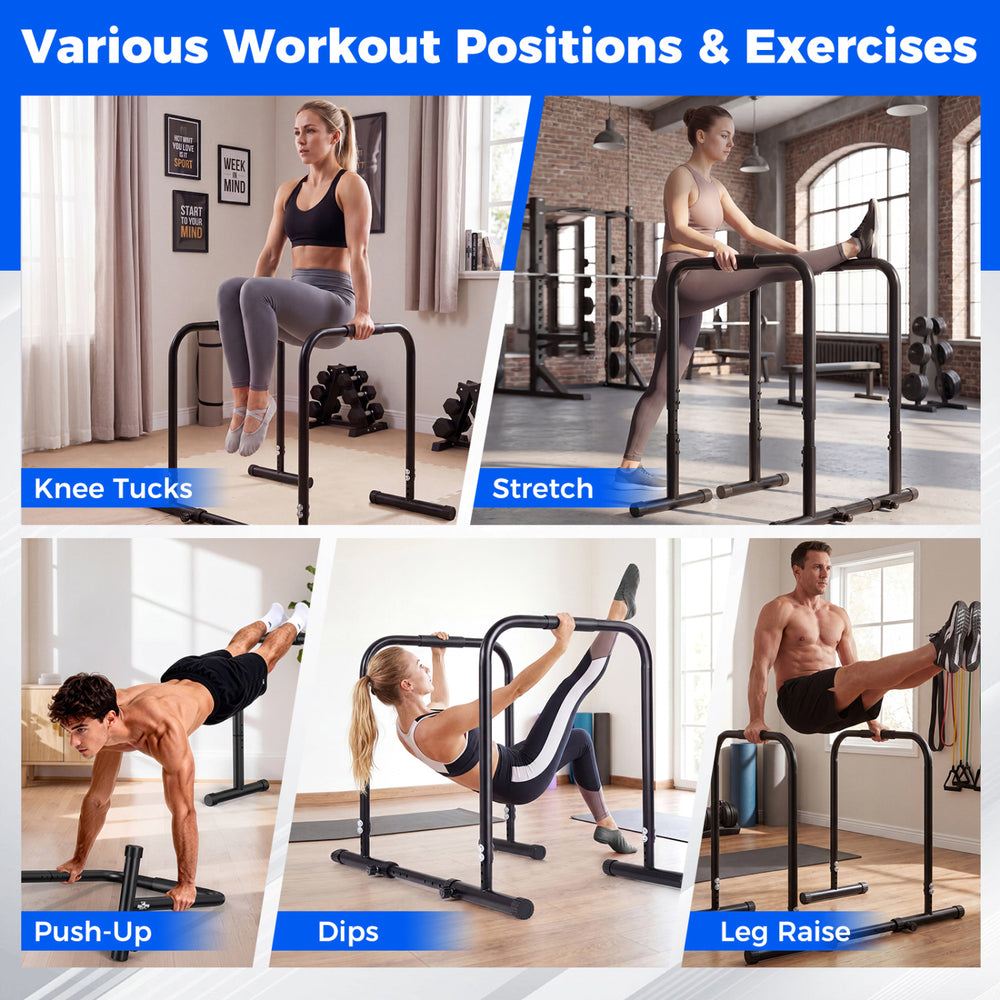 Adjustable dip bar station in use for various exercises like push-ups and leg raises, featuring a sturdy black metal.