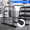 Adjustable dip bar station in black with foam-padded handles and non-slip foot pads, ideal for strength training.