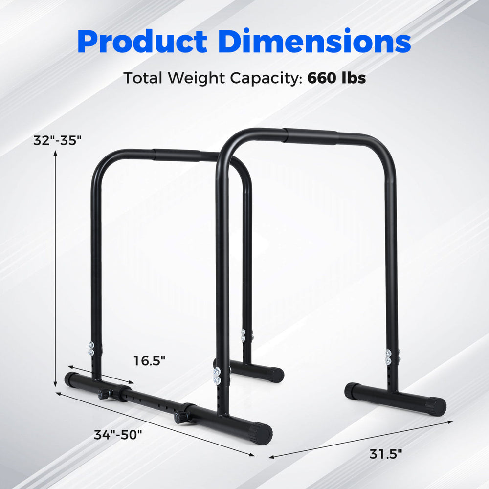 Adjustable dip bar station dimensions showing 660 lbs capacity, designed for calisthenics and strength training.