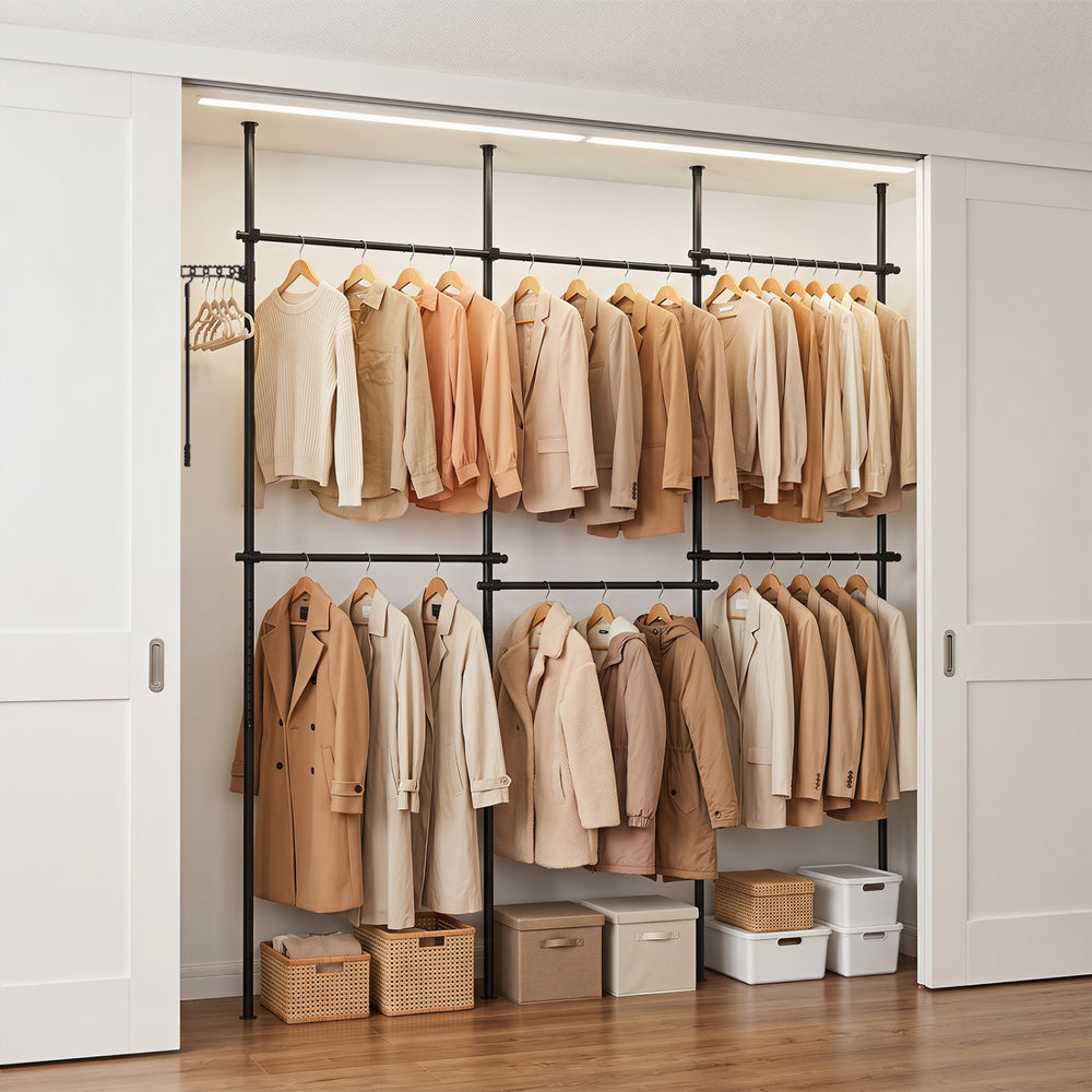 Adjustable floor-to-ceiling clothes rack with two hanging rods, ideal for organizing jackets and T-shirts in any space.