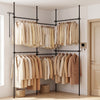 Adjustable floor-to-ceiling clothes rack with two hanging rods, perfect for organizing jackets and T-shirts in any space.