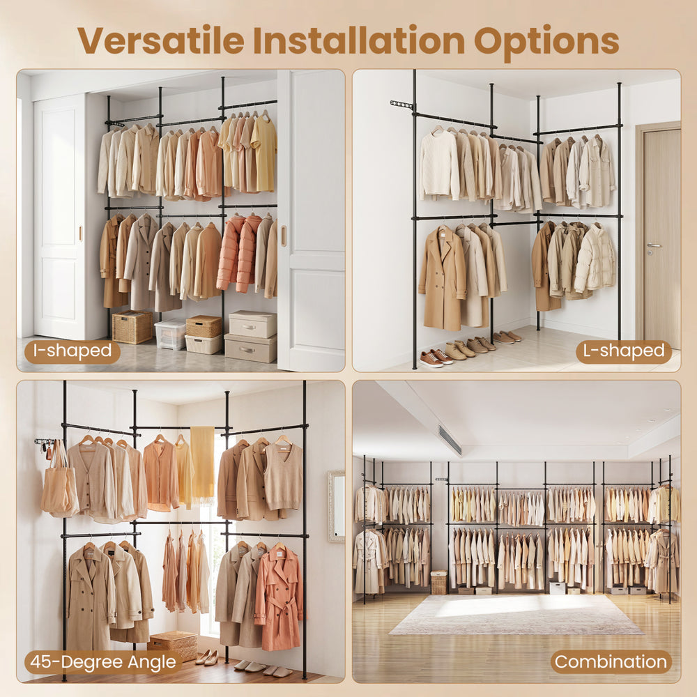 Adjustable floor-to-ceiling clothes rack with 2, 4, or 6 hanging rods, suitable for versatile installation options.
