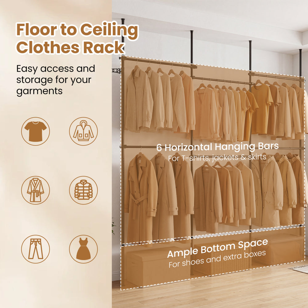 Adjustable floor-to-ceiling clothes rack with 6 hanging bars for T-shirts and jackets, ideal for maximizing storage space.
