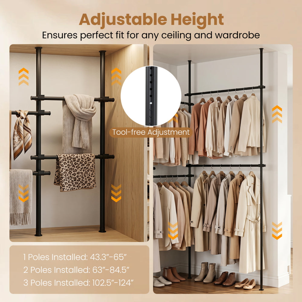 Adjustable floor-to-ceiling clothes rack with 2 sturdy hanging rods, perfect for maximizing wardrobe space and organization.