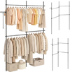 Adjustable black floor-to-ceiling clothes rack with 4 hanging rods, ideal for versatile closet organization and space-saving.