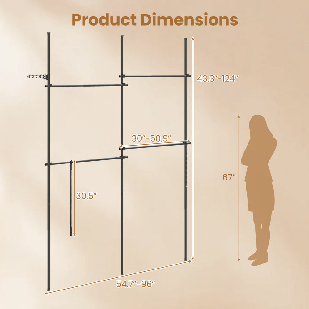Adjustable floor-to-ceiling clothes rack in black with 4 hanging rods, measuring 43.3"-124" in height for versatile storage.