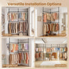 Adjustable floor-to-ceiling clothes rack in black with four hanging rods, suitable for versatile installation in any space.