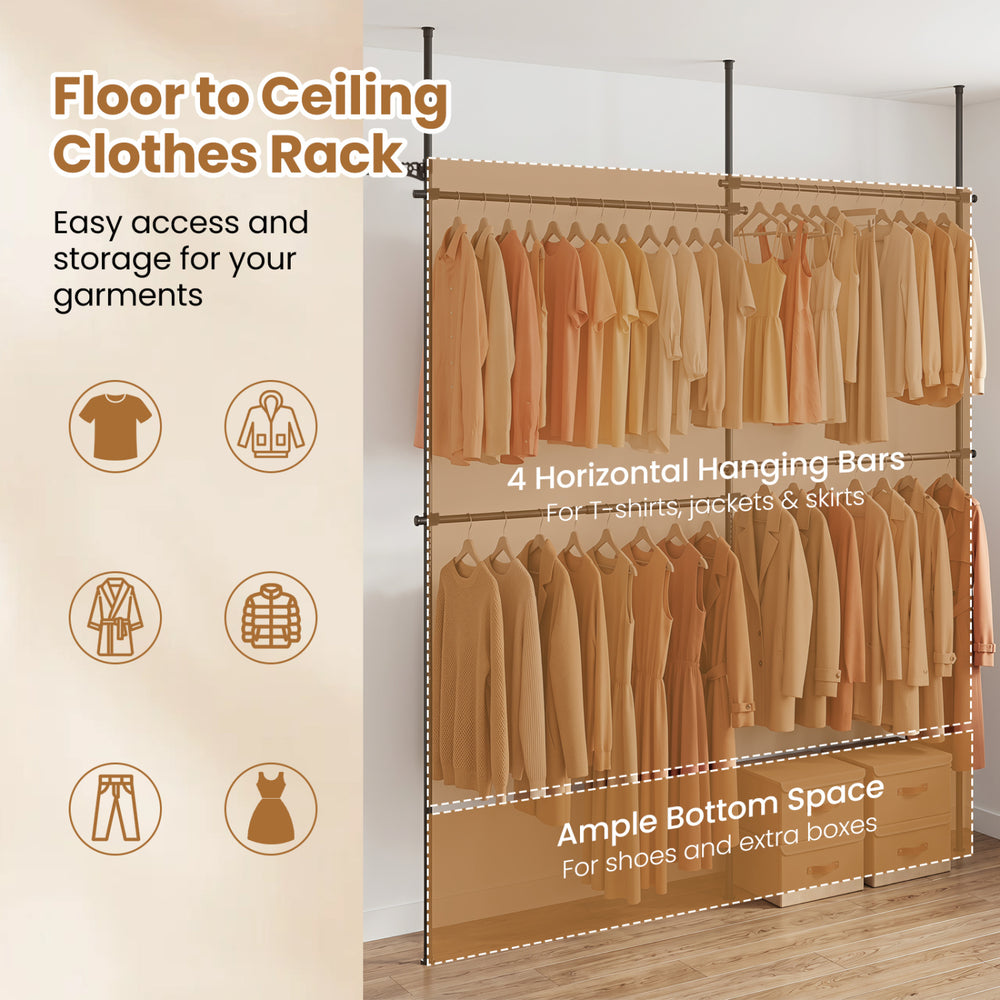 Adjustable floor-to-ceiling clothes rack in black with 4 hanging rods, perfect for organizing T-shirts and jackets.