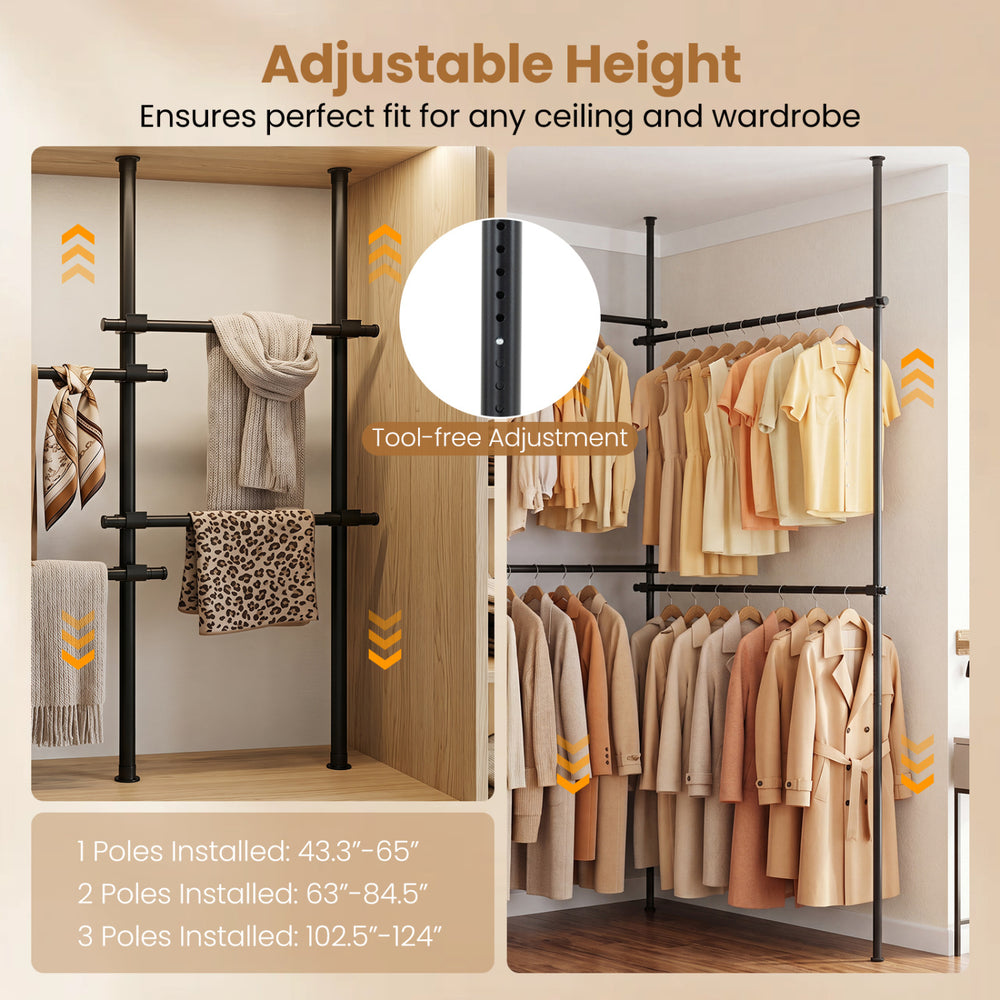 Adjustable floor-to-ceiling clothes rack in black with 4 hanging rods, perfect for maximizing closet space and organization.