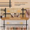 Adjustable floor-to-ceiling clothes rack in black features 4 hanging rods and telescoping design for versatile storage solutions.
