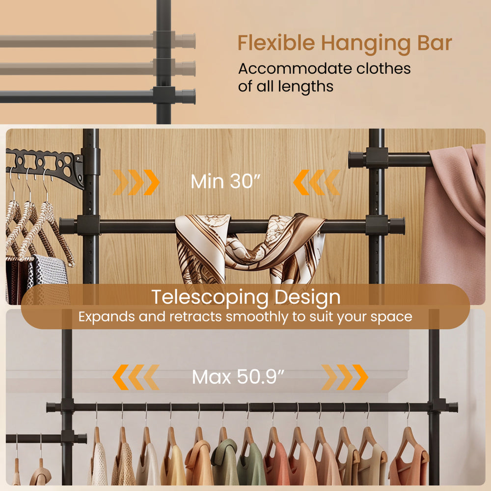 Adjustable floor-to-ceiling clothes rack in black features 4 hanging rods and telescoping design for versatile storage solutions.