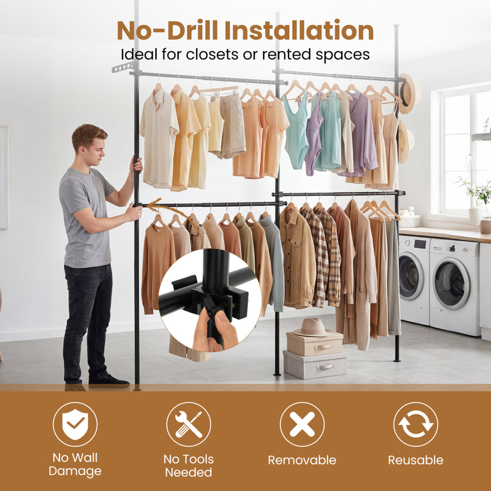 Adjustable black floor-to-ceiling clothes rack with 4 hanging rods, perfect for closets or rented spaces without wall damage.