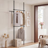 Adjustable black floor-to-ceiling clothes rack with two hanging rods, perfect for maximizing closet space and organization.