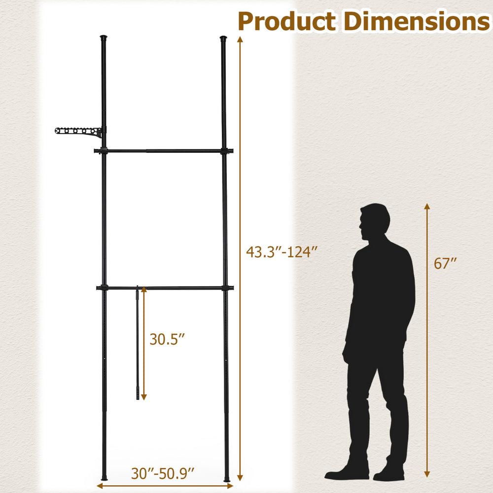 Adjustable floor-to-ceiling clothes rack in black, featuring two hanging rods and a height range of 43.3"-124" for versatile use.