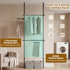 Adjustable floor-to-ceiling clothes rack in black with two hanging rods, perfect for organizing T-shirts, jackets, and skirts.