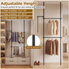Adjustable floor-to-ceiling clothes rack in black with two hanging rods, perfect for closets and easy tool-free height adjustment.
