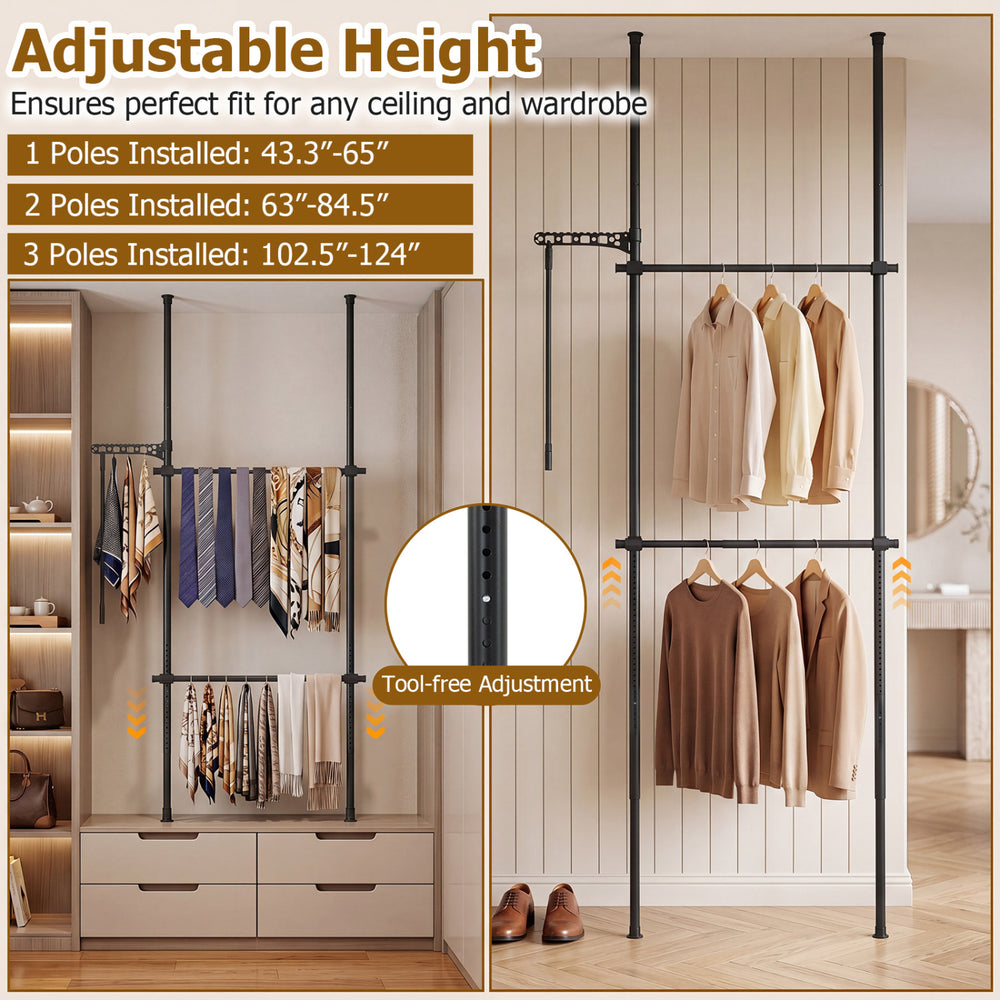 Adjustable floor-to-ceiling clothes rack in black with two hanging rods, perfect for closets and easy tool-free height adjustment.
