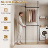 Adjustable floor-to-ceiling clothes rack in black with two hanging rods, ideal for closets or rented spaces without wall damage.