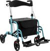 Adjustable folding rollator walker in blue with storage bag, designed for comfort and stability, converts to wheelchair.
