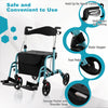 Adjustable folding handle rollator walker in blue with storage bag, foot pedal, and dual braking system for safety.