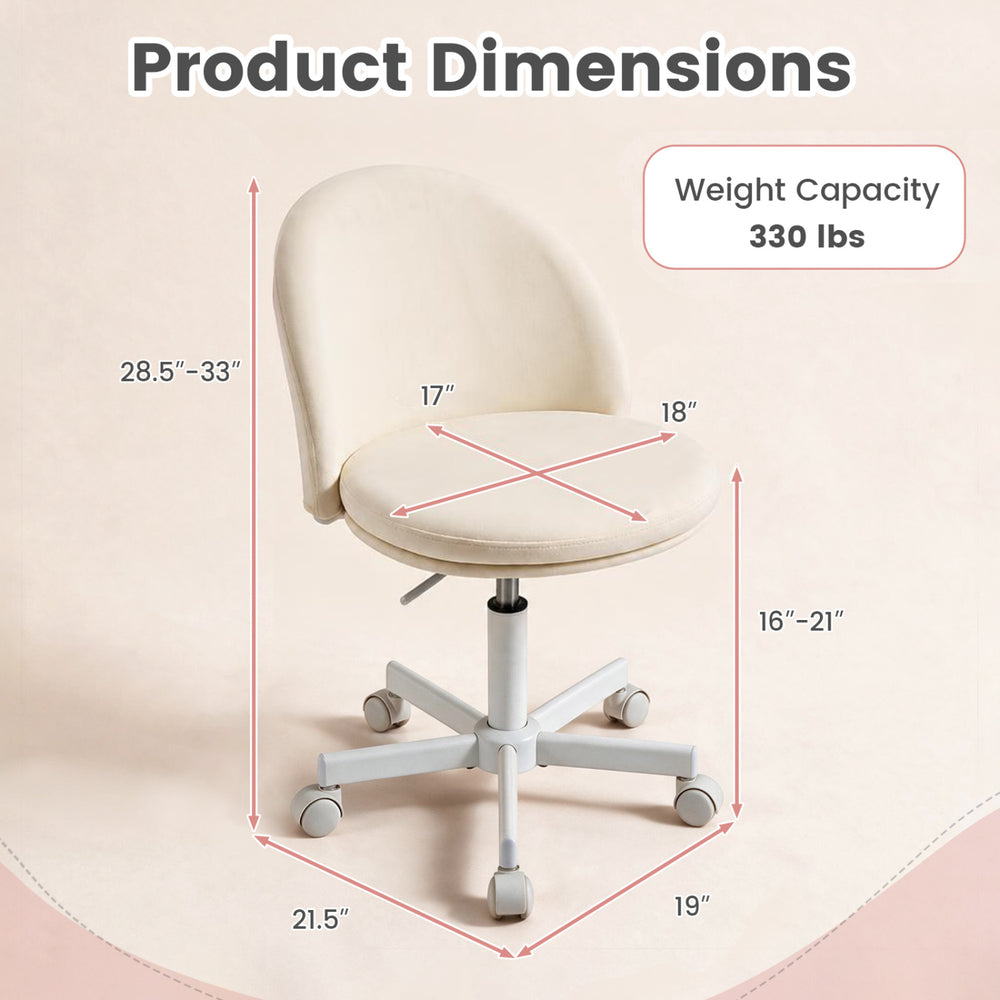 Ergonomic makeup chair with lumbar support features plush velvet, adjustable height, and 360-degree rotation for comfort.