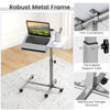 Adjustable height rolling laptop table in white with a robust metal frame and lockable wheels for versatile use.