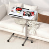 Adjustable height rolling laptop table in white with a sturdy steel frame, perfect for versatile use on a sofa.
