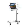 Adjustable angle height rolling laptop table in white with a steel frame, featuring lockable wheels for easy mobility.