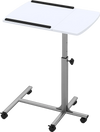 Adjustable height rolling laptop table in white with a heavy-duty steel frame and lockable wheels for flexibility.