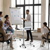 Adjustable angle height rolling laptop table in white with lockable wheels, ideal for flexible workspace needs.