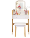 Adjustable height vanity desk set in white with LED lighted mirror, drawers, and padded stool for versatile makeup.