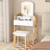 Adjustable height vanity desk set in white with LED mirror, drawers, and padded stool for versatile makeup application.