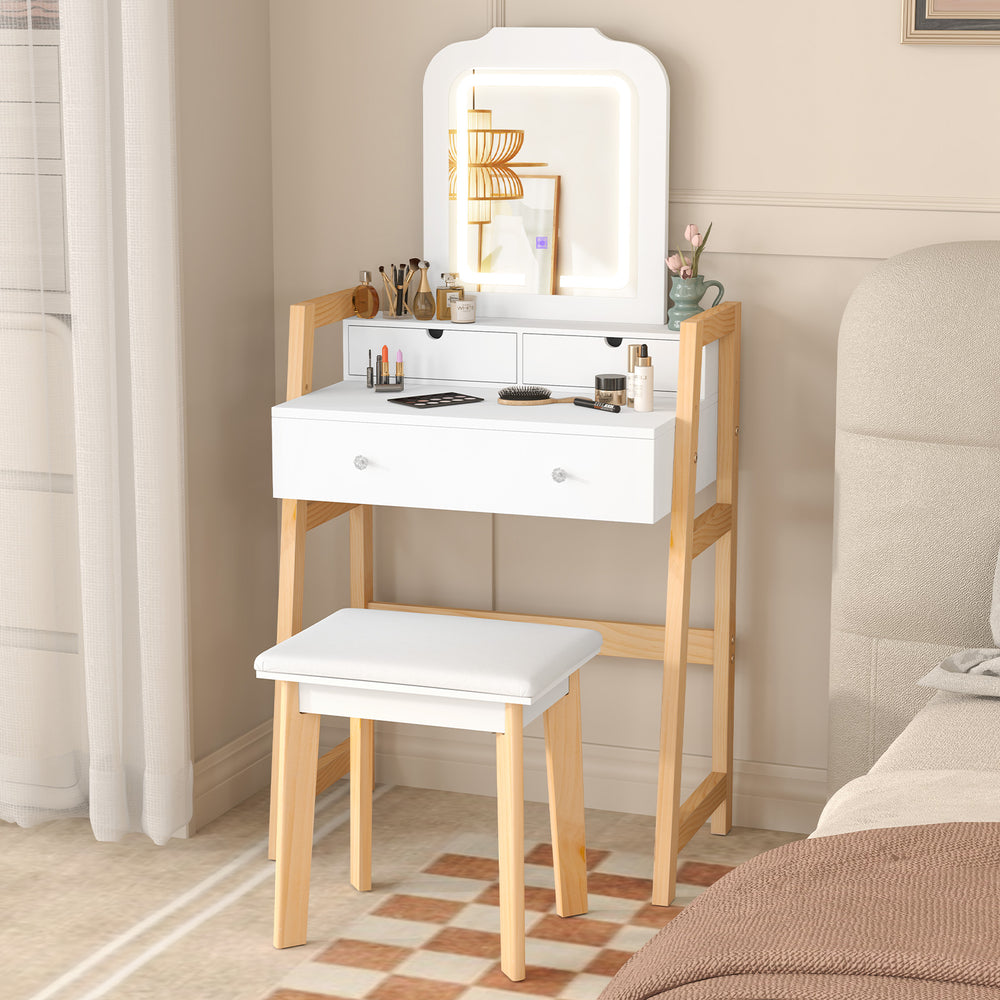 Adjustable height vanity desk set in white with LED mirror, drawers, and padded stool for versatile makeup application.