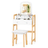 Adjustable height vanity desk set in white with LED mirror, drawers, and padded stool for versatile makeup needs.
